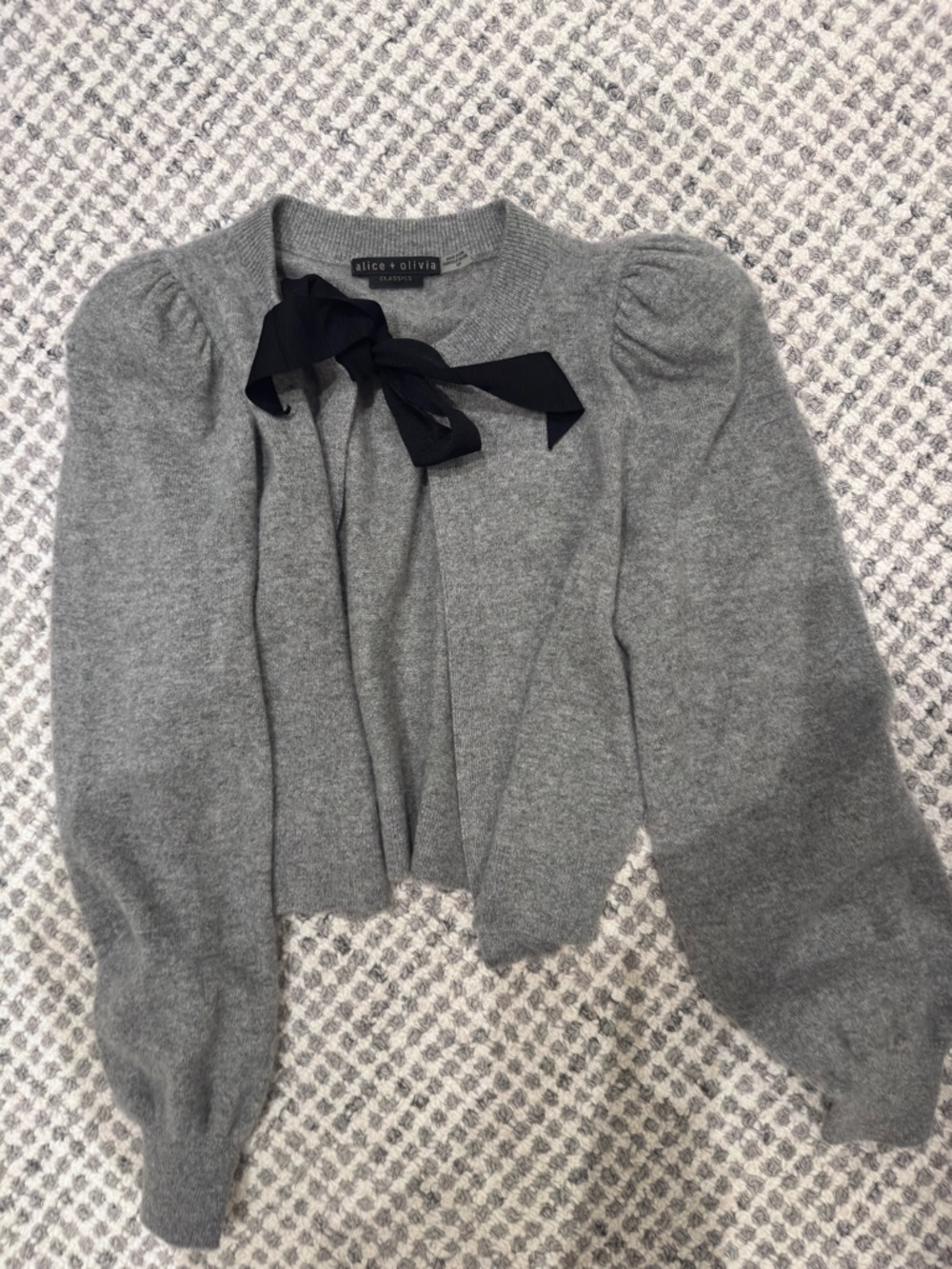Alice + Olivia Gray Puff-Sleeve Cardigan with Black Bow